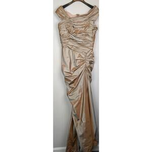 Tadashi Shoji Collection Silk Taffeta Ruched Mermaid Gown Gold Dress 10